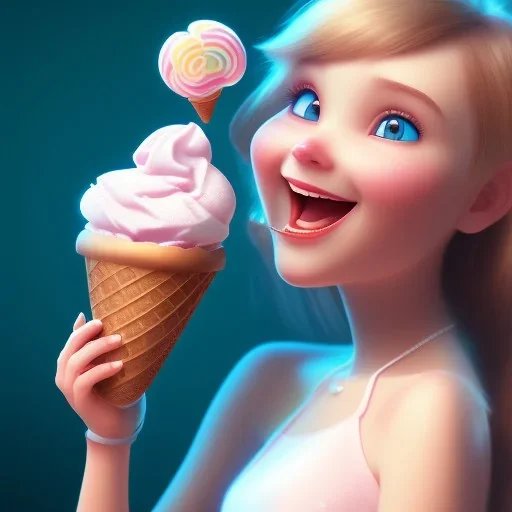 cute, adorable, smiling girl eating ice cream, candies flying all around her, Pixar, disnet, cinema lighting, gaming, 8k, magic, love --q 1 --v 4 mdjrny-v4