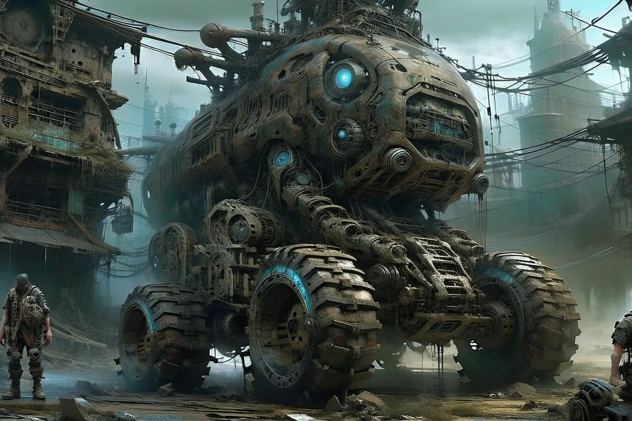 Chronomorph CybPost-Apocalyptic Tribal Wasteland , neo cyberpunk people, deep complementer colors, , The atmosphere dystopian, mecha, ruins, sharp focus, intricate details, weird, cinematic, crepy stunning