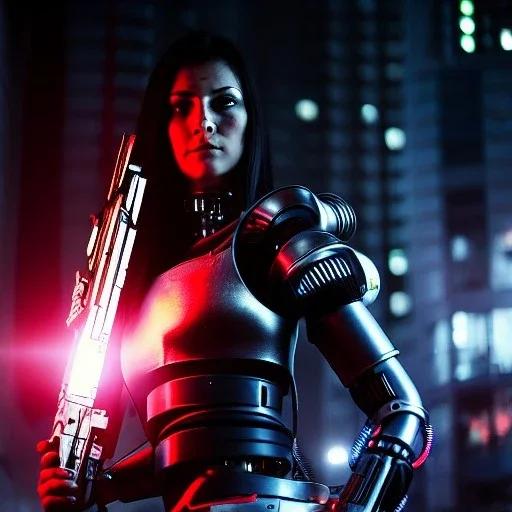 fullbody portrait,beautiful female Cyborg, Holding a scifi weapon, intense stare, sad eyes, post-apocalyptic in a cyberpunk city, realistic, intriacte detail, sci-fi fantasy style, volumetric lighting, particles, highly detailed ,cinamatic , deep colours,8k, by Caravaggio