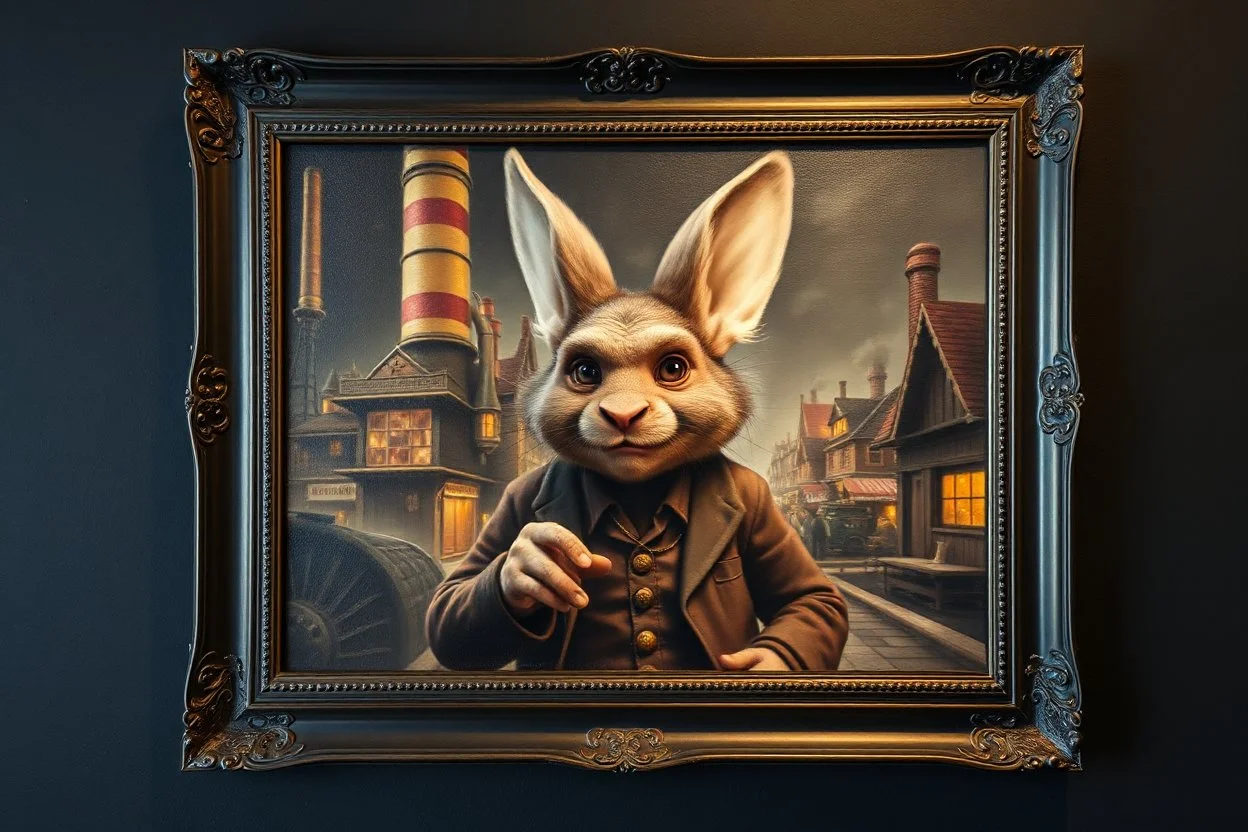 Real Charlie and the Chocolate Factory, in front of the frame, and town major troll mouse rabbit in style of Rembrandt and Fallout 4, with motion blur, all on a painting on wall with black wooden frame and with black wall background