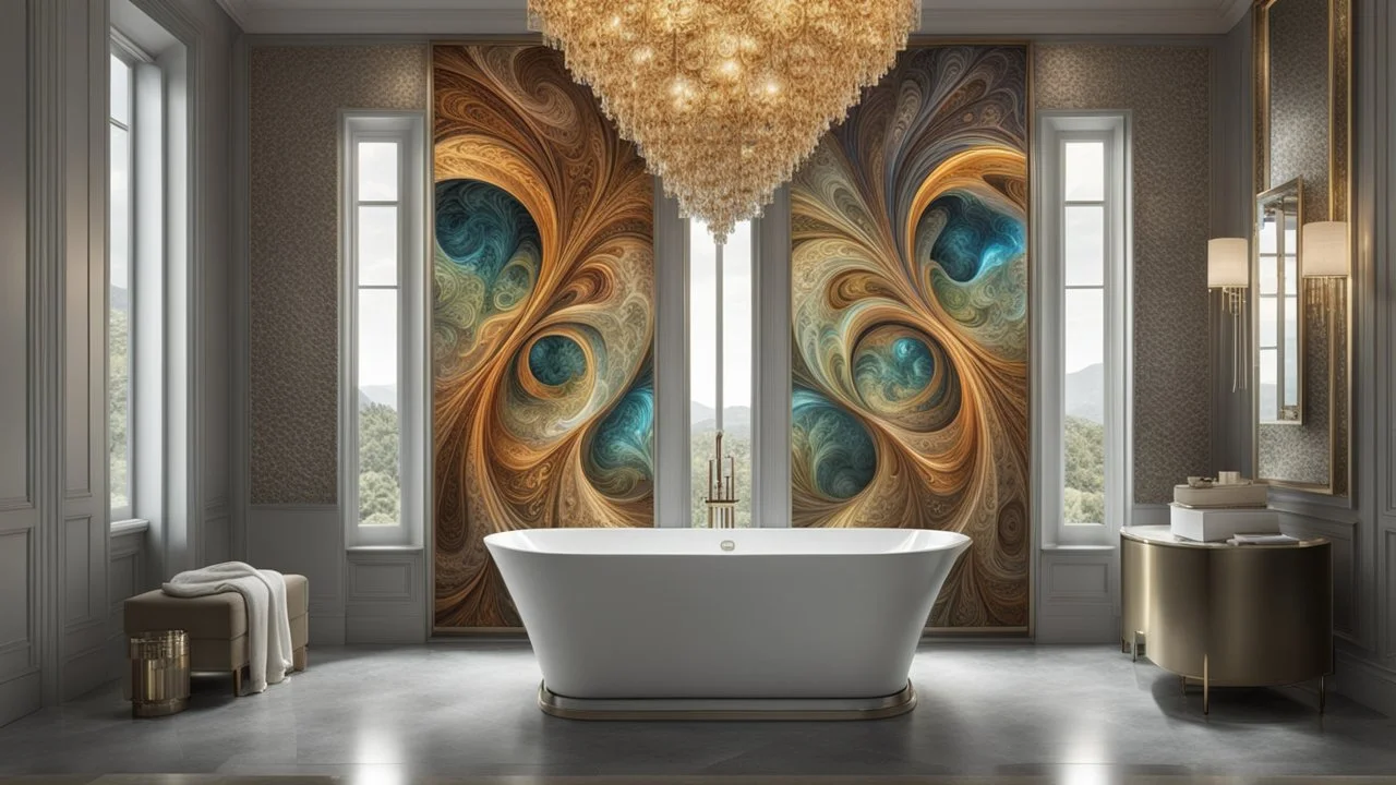 a big stunning fractal illustration with stepwise metalic colors on the wall in the luxury bath, hyperdetailed , natur lighting, intricate detailed, high focus, cinematic, stunning, photorealistic