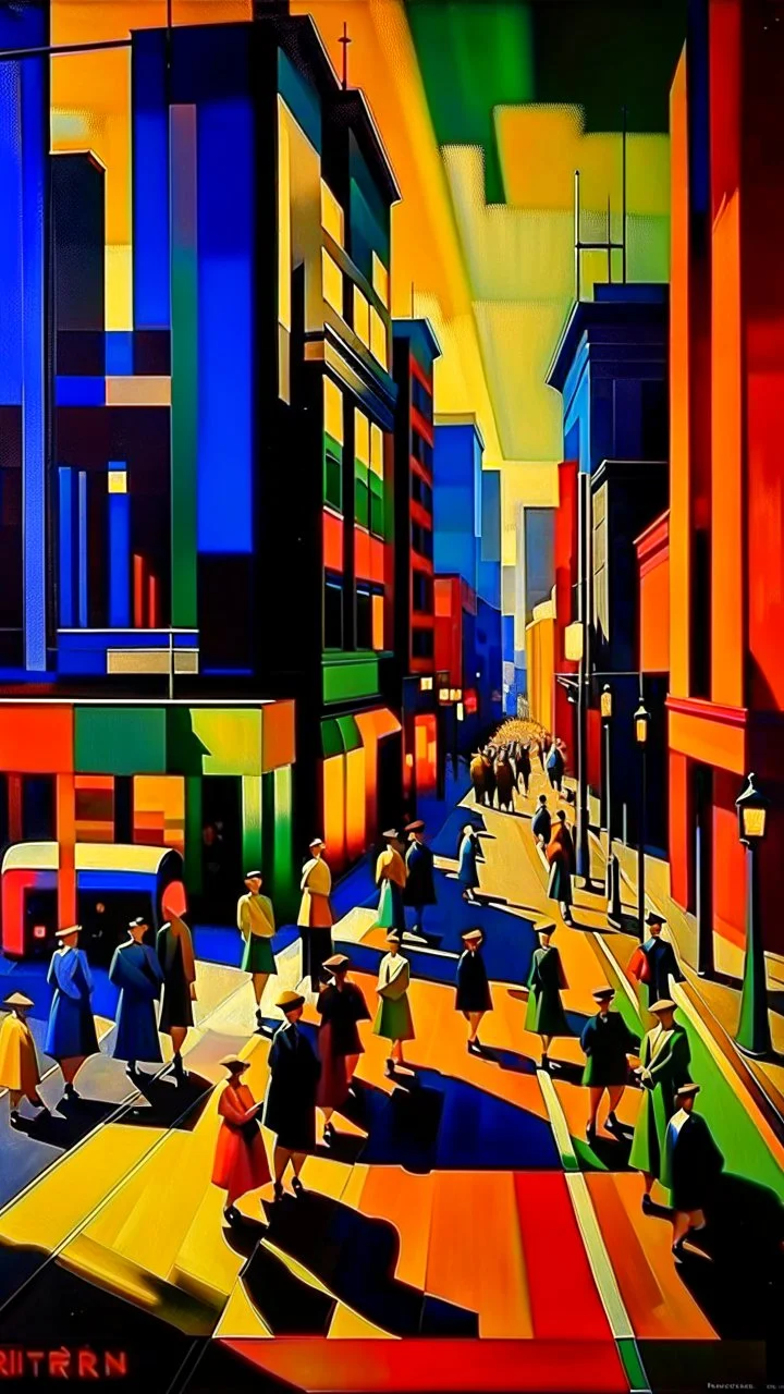 hustle and bustle in Berlin 1925; Bauhaus style, impasto, centered, ((excellent symmetry)), cinematic, dramatic, dynamic, ((great verticals)), ((great parallels)), excellent shadows, sharp shadows, (wild contrasts), (vivid bold colors)