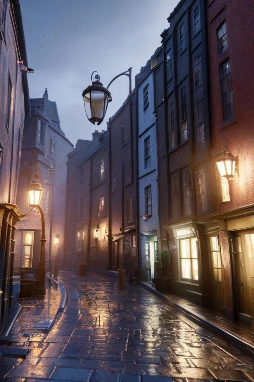 Diagon alley street at night, many houses, wet ground, pole with round light