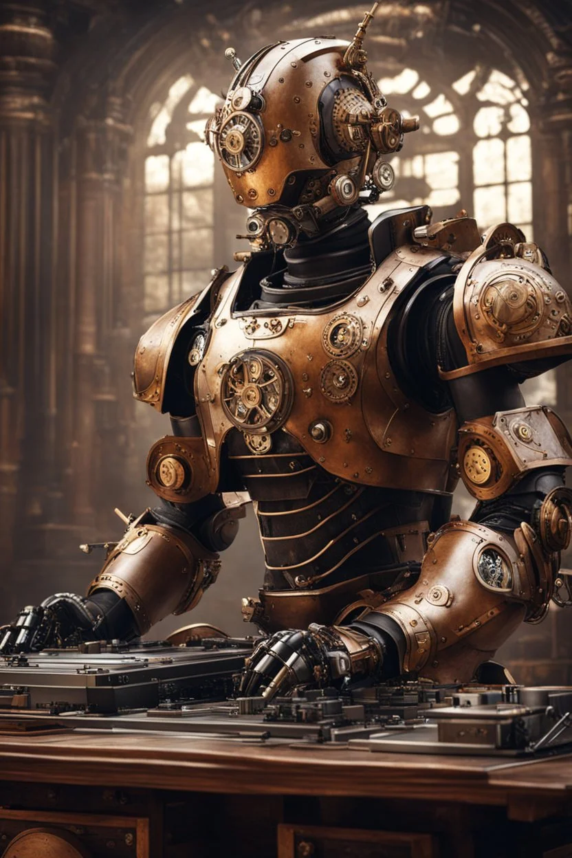 Photography Realistic HD Natural Beauty Steampunk classic mecha man as dj player