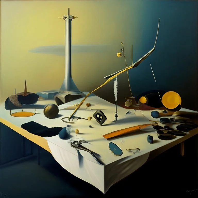 human body, universe-like table,complex surgical instruments mixed with human body-like musical instruments,minimalism,Painting By Adrian Ghenie, Rene Magritte, Lucian Freud