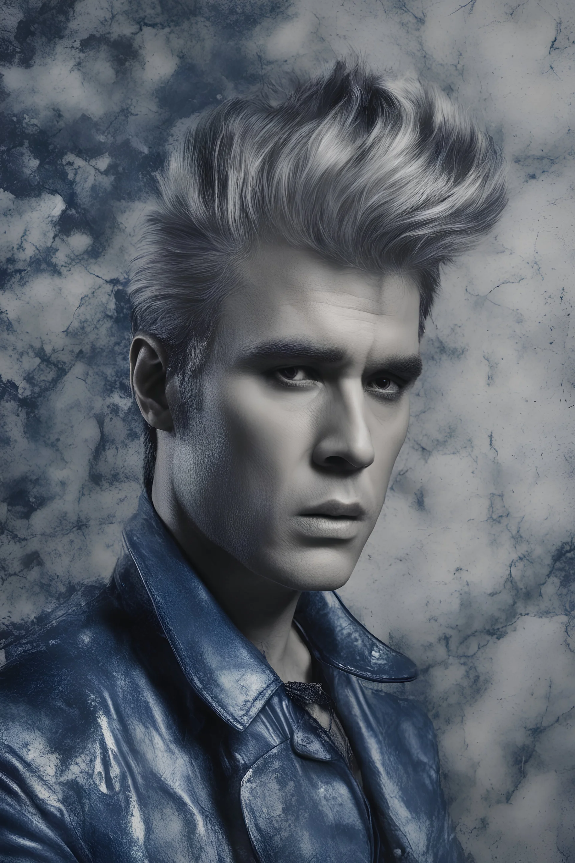 Elvis Presley, Billy Idol Hybrid, 4k UHD, photorealistic, dark blue, foggy, gradated marble wall background, extremely detailed skin texture,