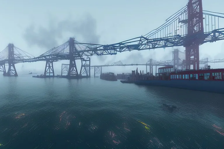 fruitvale bartstation, oakland california, urban , st6reetview, downtown, slums , view of port from the sea, bridge in background , fog , realistic, unity, scriptable render pipeline , cinematic lighting.