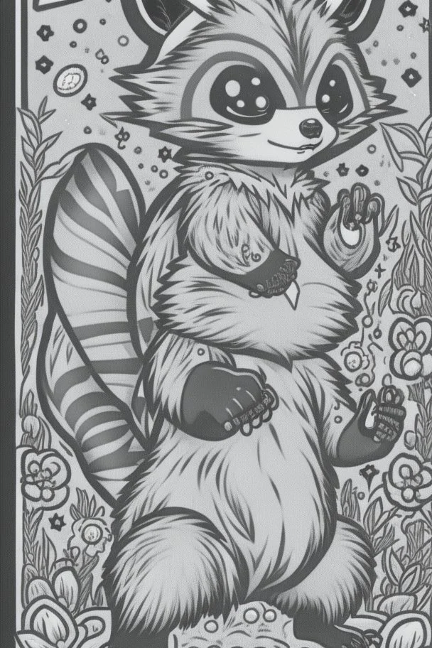 coloring book page of a magical raccon pokemon ,monochrome, black and white, sharp, sketch drawing