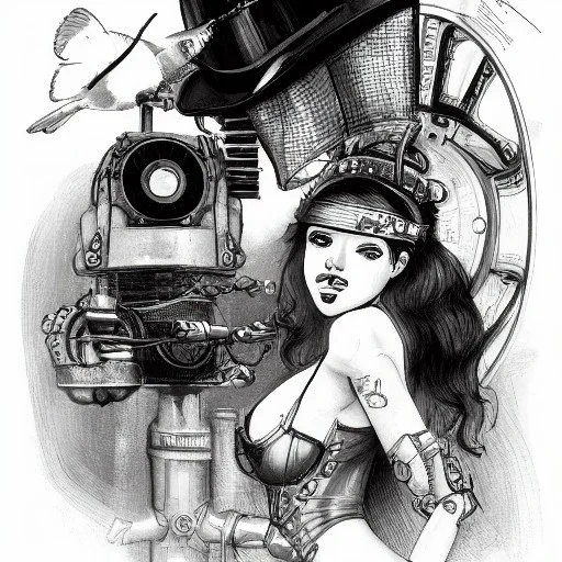 great illustrator, spanish, pencil sketch of a cute girl, beautiful, steampunk syle, black and white. Helmet with tubes. glasses, venetian mask. Machinery in the background. robotic birds flying. High details.