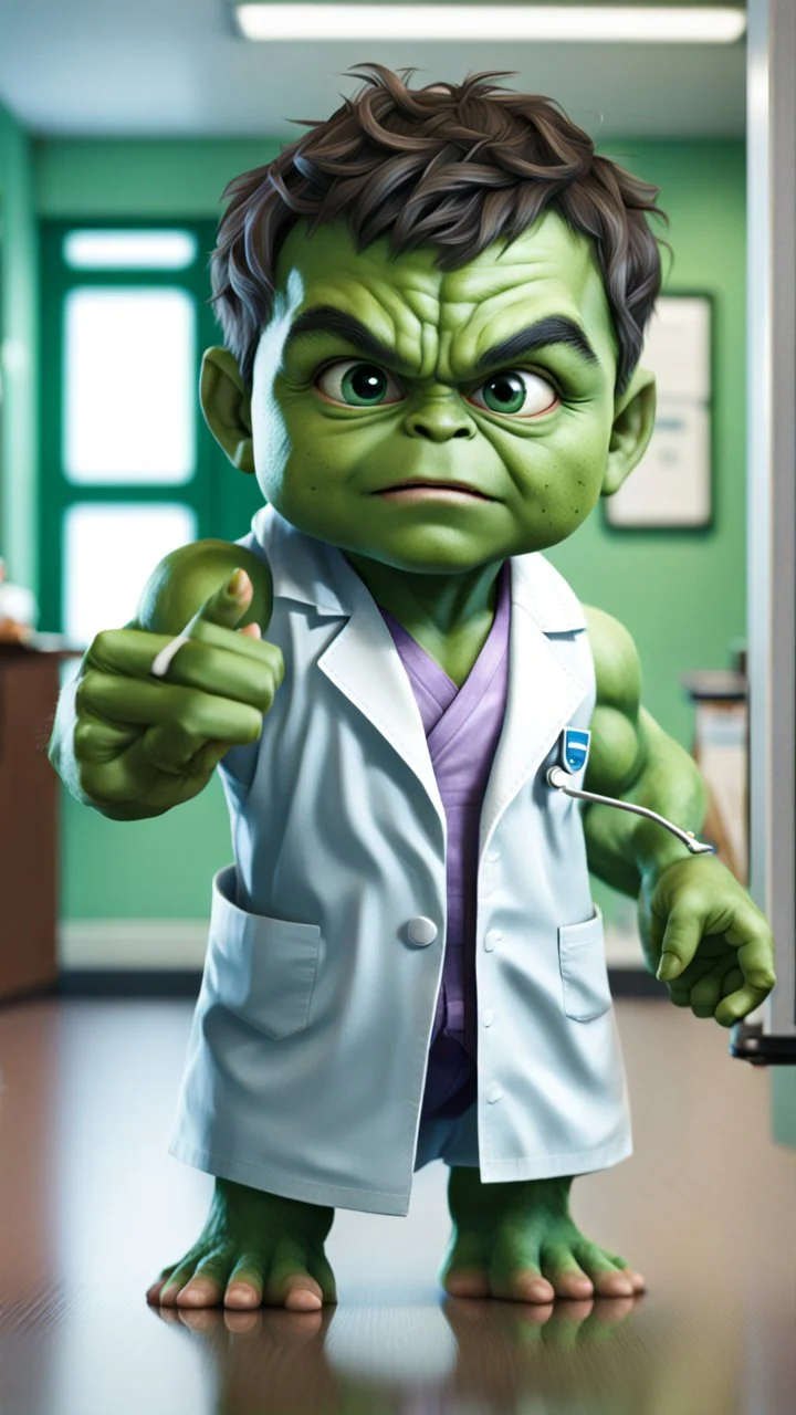Little baby hulk, full portrait looking at the camera realistically, in a doctor's office dressed as a doctor in 8K UHD resolution