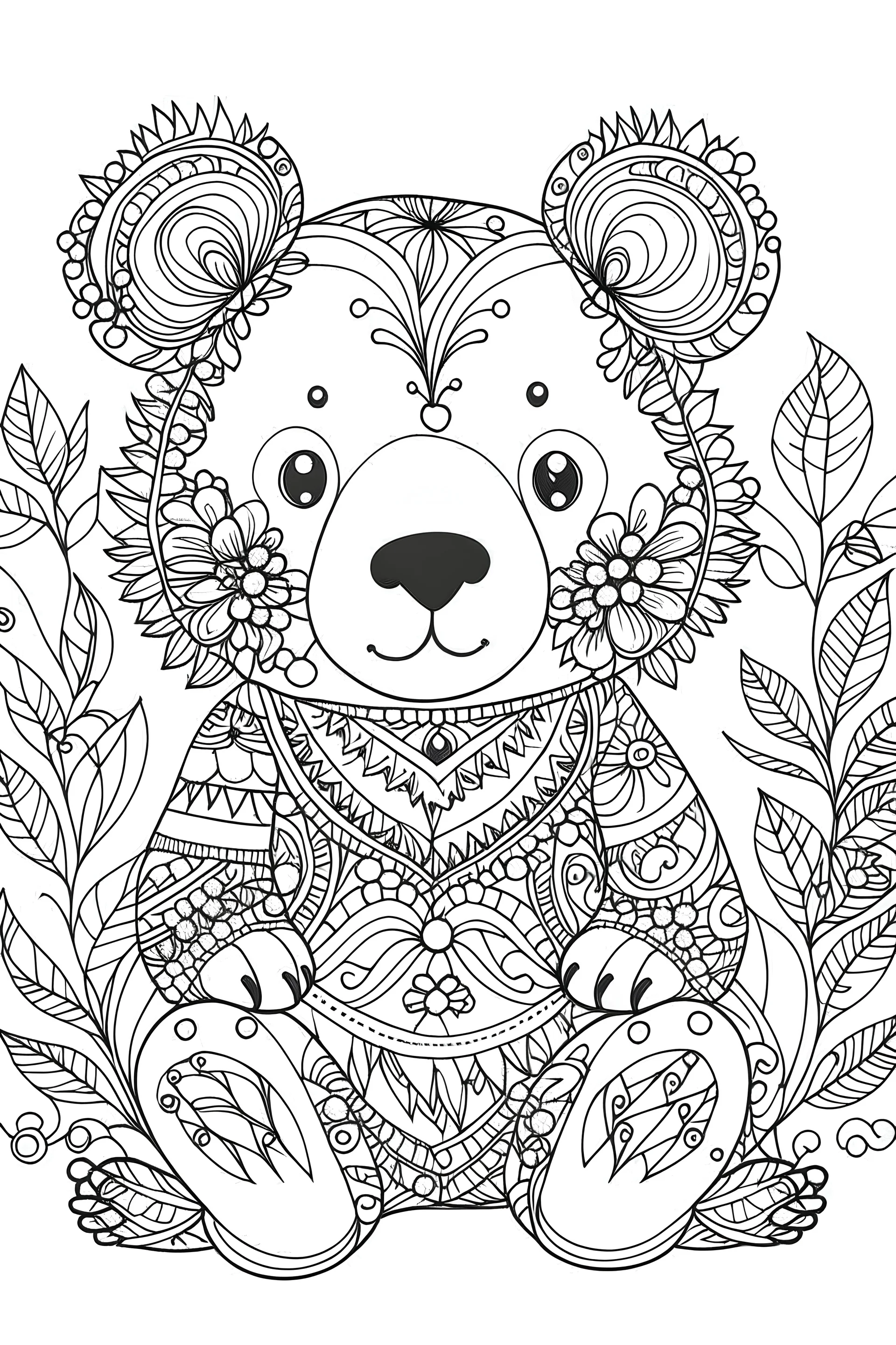 Outline art for coloring page, BOHEMIAN HAPPY TEDDY BEAR, coloring page, white background, Sketch style, only use outline, clean line art, white background, no shadows, no shading, no color, clear