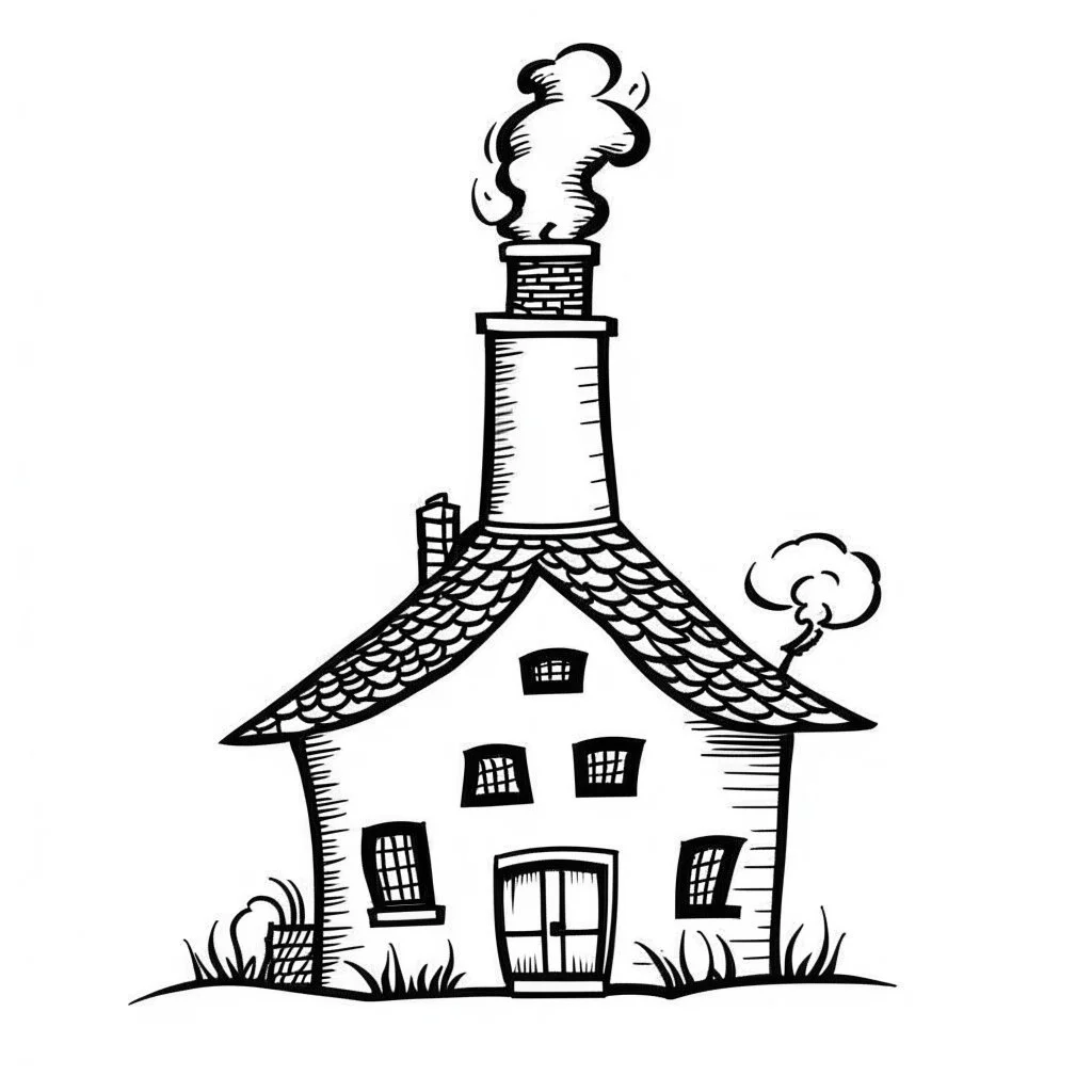 A black and white cute drawing of a chimney, only outline, white background,for kids