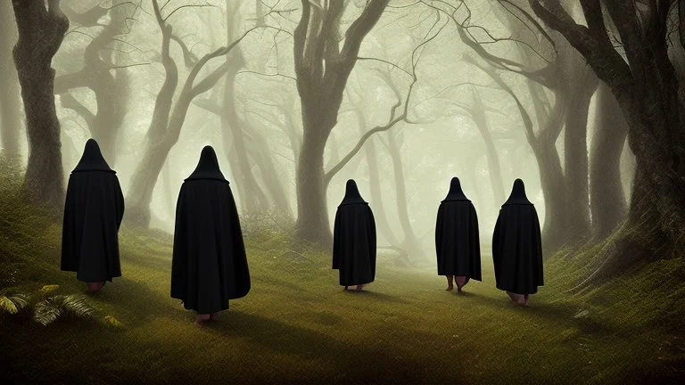 Black robed, hooded monks on the forest path