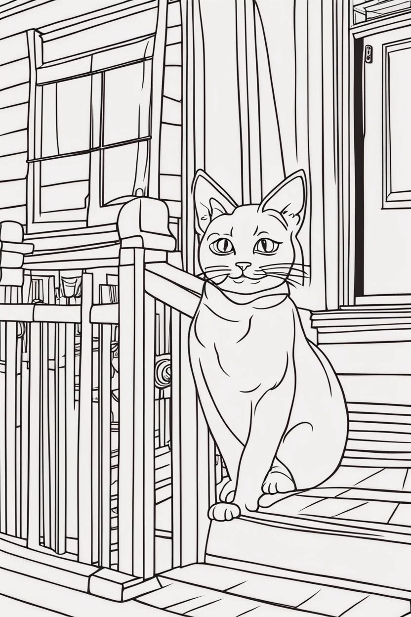 coloring page, cat on the porch, cartoon style, thick lines, low detail, no shading