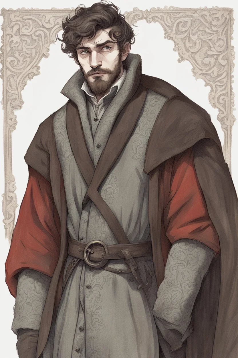 man, age 20, medieval, fighter, russian, croocked nose, czar, rich, simple clothes, short messy hair, thick beard, oligarch, leather coat with fur, brocade clothes, pencil drawing, black or red hair, muscles