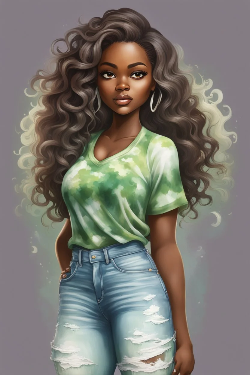 Create an oil painting cartoon image of a curvy black female wearing a light green tie dye t-shirt with white cut up jeans. Prominent make up with hazel eyes. Highly detailed long wavy brown and grey ombre hair flowing in the air.