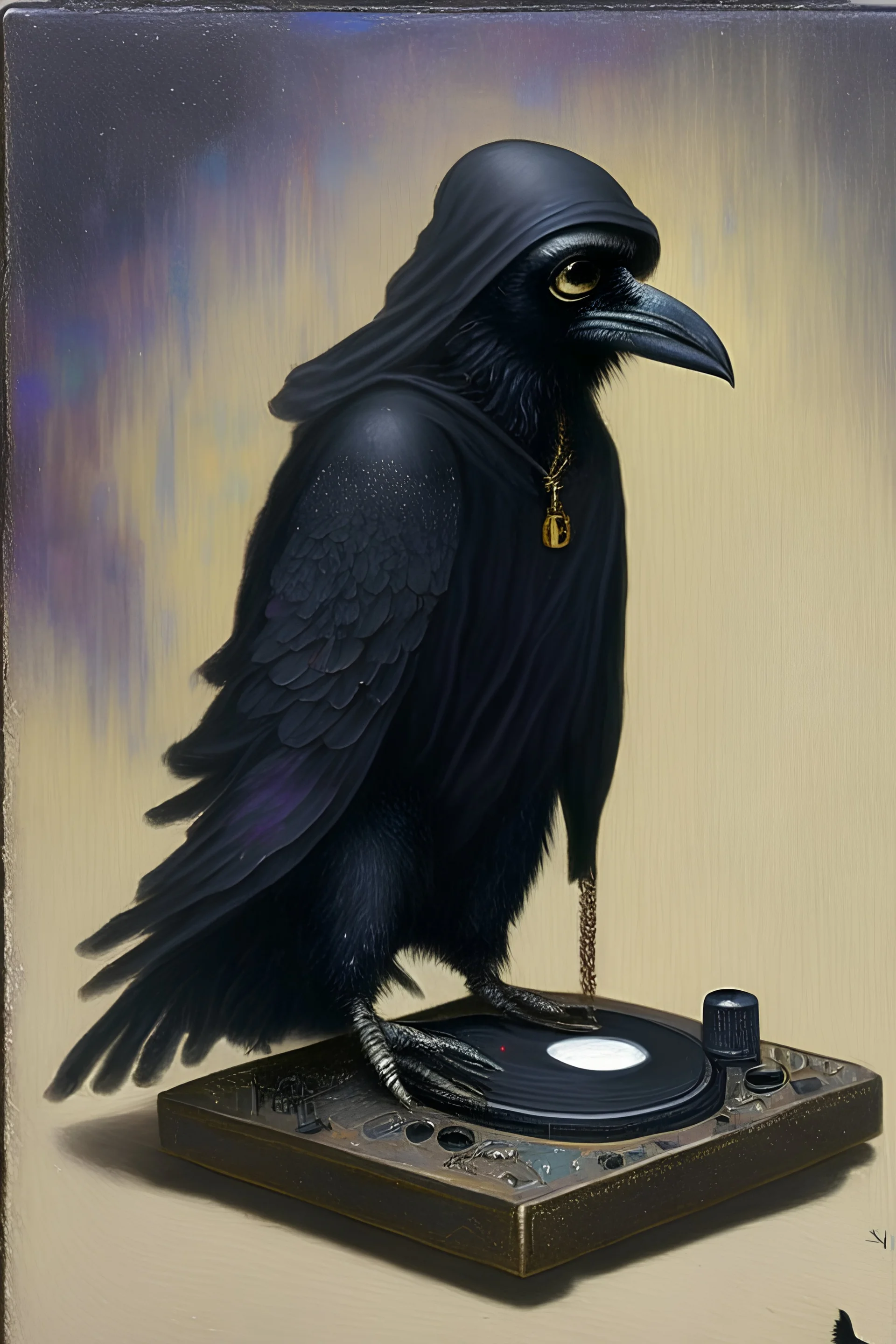 Iranian miniature painting about a raven dj in black style