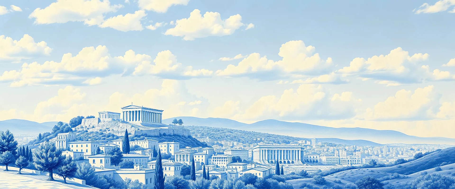 A blue-colored portuguese porcelaine painting of serene landscape featuring Athens city, Greece. Acropolis on a background, and a sky filled with soft clouds completes the tranquil scene. Only blue and white colors