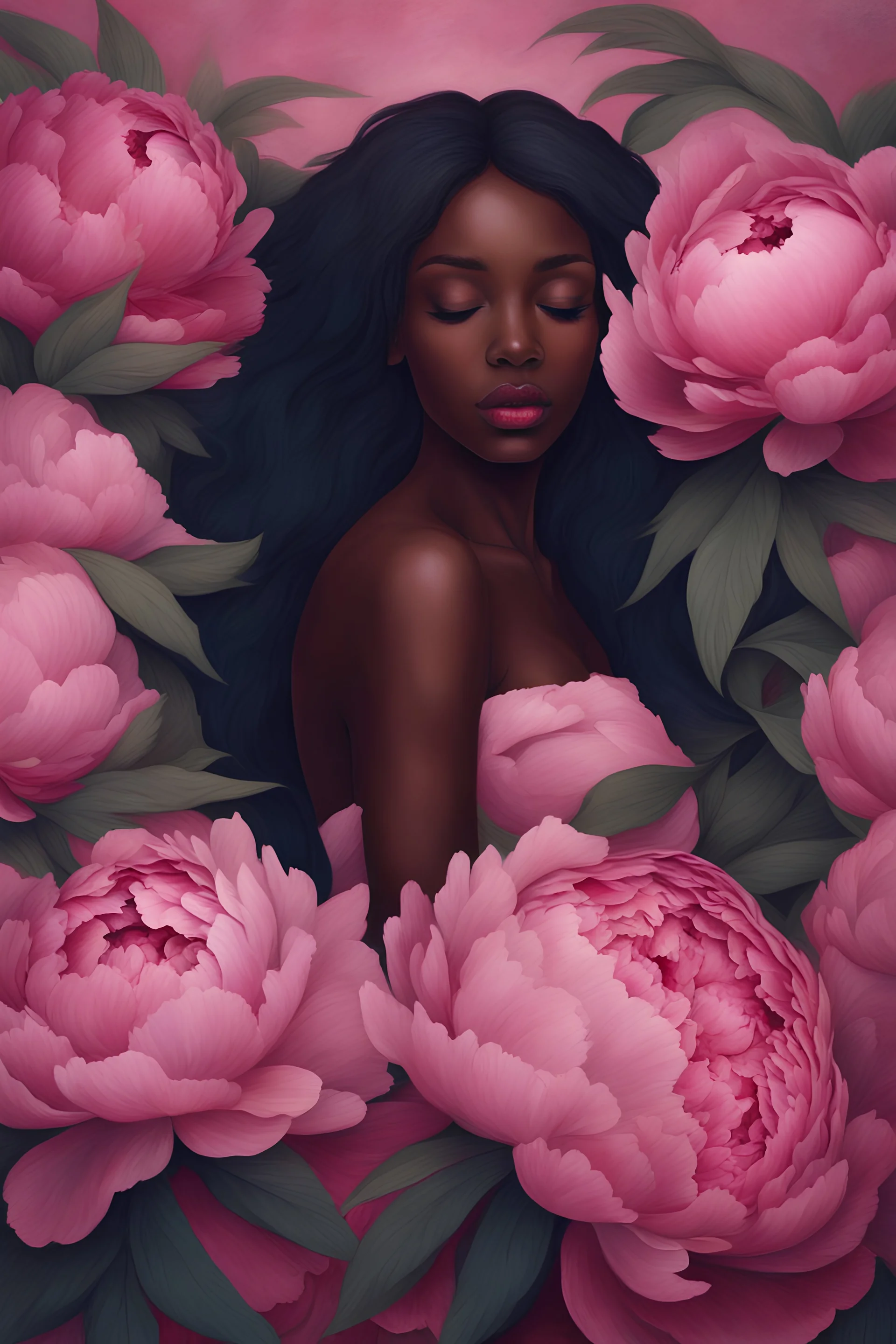 big beautiful bouquet of pink peonies all around her face, her eyes are closed and dreaming peacefully, she has dark hair and dark skin, face fully covered by the bouquet of peonies, use vibrant deep saturated colors.