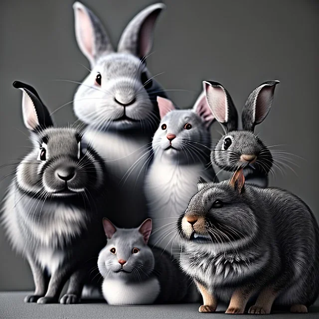 family portrait of 1 grey rabbit, 1 black and grey rabbit, 1 red-headed cat, winter mountain background,