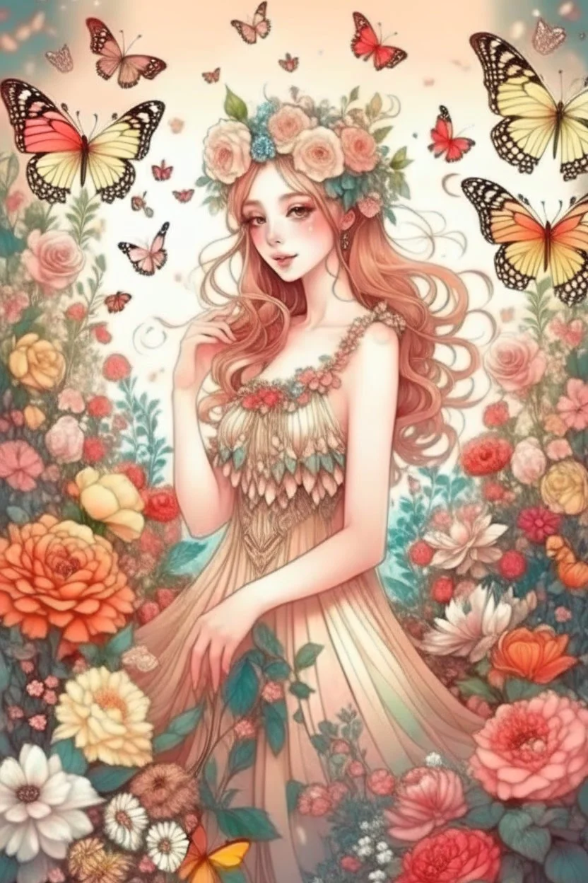 A beautiful gentle elf girl in a very beautiful airy dress, surrounded by fabulous flowers, plants, butterflies