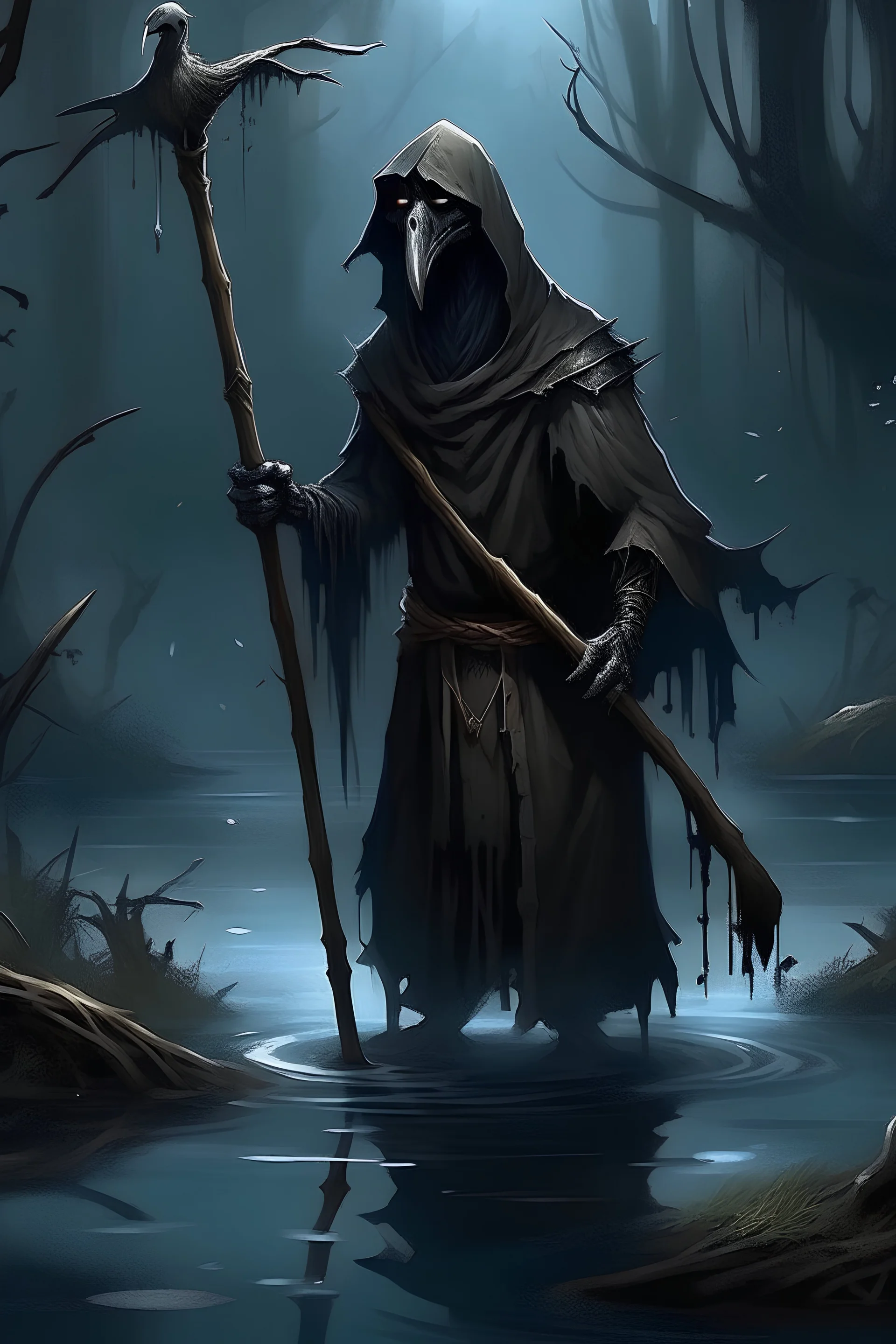 Young Kenku necromancer pirate with black robes and a crooked wooden staff in a dark swamp