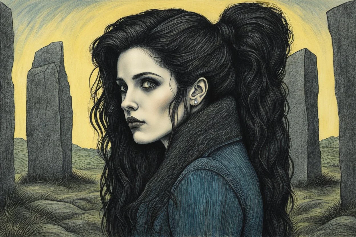 create a 3/4 profile full body oil pastel of a dark haired, , raggedly dressed, savage gothpunk vampire girl with highly detailed , sharply defined hair and facial features , in a dark circle of standing stones , in the style of JEAN-FRANCOIS MILLET and MARY CASSATT