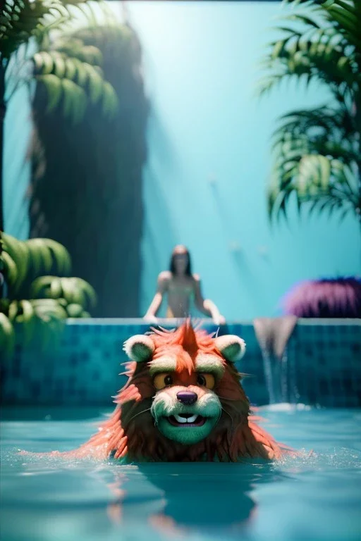 Realistic pool scene. big furry monster into water. Wes Anderson style. Red hair, smile, happy, gradient color fog. highly detailed, concept art, unreal engine 5, ray tracing, RTX, lumen lighting, ultra detail, volumetric lighting, 3d, finely drawn, high definition, high resolution.