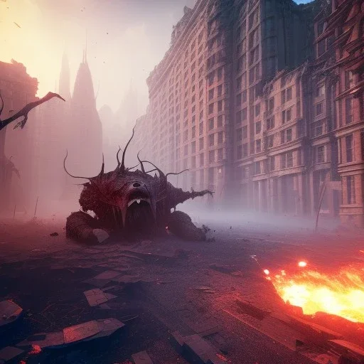 Destroyed city,monsters flee,Epic,unreal engine 5, 8k resolution, photorealistic, ultra detailed