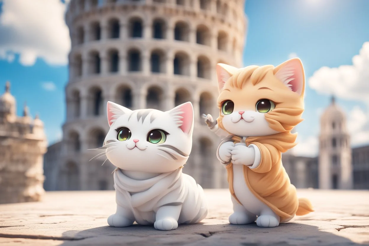 cute anime chibi cat couple in Pisa, Italy, leaning tower in sunshine Weight:1 heavenly sunshine beams divine bright soft focus holy in the clouds Weight:0.9