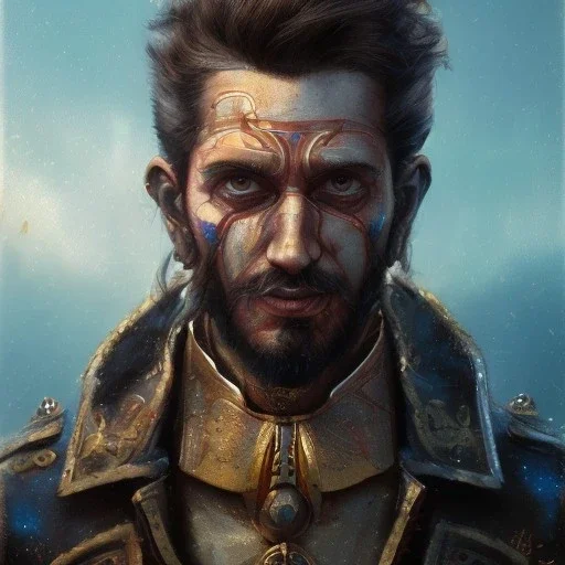 head and shoulders portrait, Arthur Kulkov, Russian, anime, circus, male, ringleader, muscular, man, strong, detailed matte painting, deep color, fantastical, intricate detail, 8k resolution, concept art portrait by Greg Rutkowski, yoji shinkawa dreamscape, mystical colors, Golden hour, colorful galaxy foreground, lisa frank fantasy, neon pastel color palette, beautiful colorful interesting detailed storybook fantasy