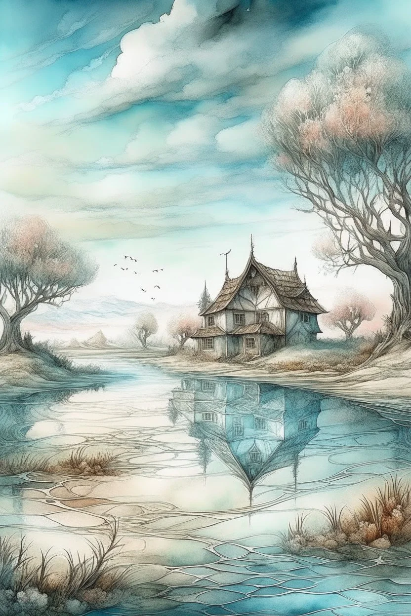 The place where the Dream and its followers live. A reflection of the sky. Watercolor, new year, fine drawing, beautiful landscape, pixel graphics, lots of details, pastel aqua colors, delicate sensuality, realistic, high quality, work of art, hyperdetalization, professional, filigree, hazy haze, hyperrealism, professional, transparent, delicate pastel tones, back lighting, contrast, fantastic, nature+space, Milky Way, fabulous, unreal, translucent, glowing