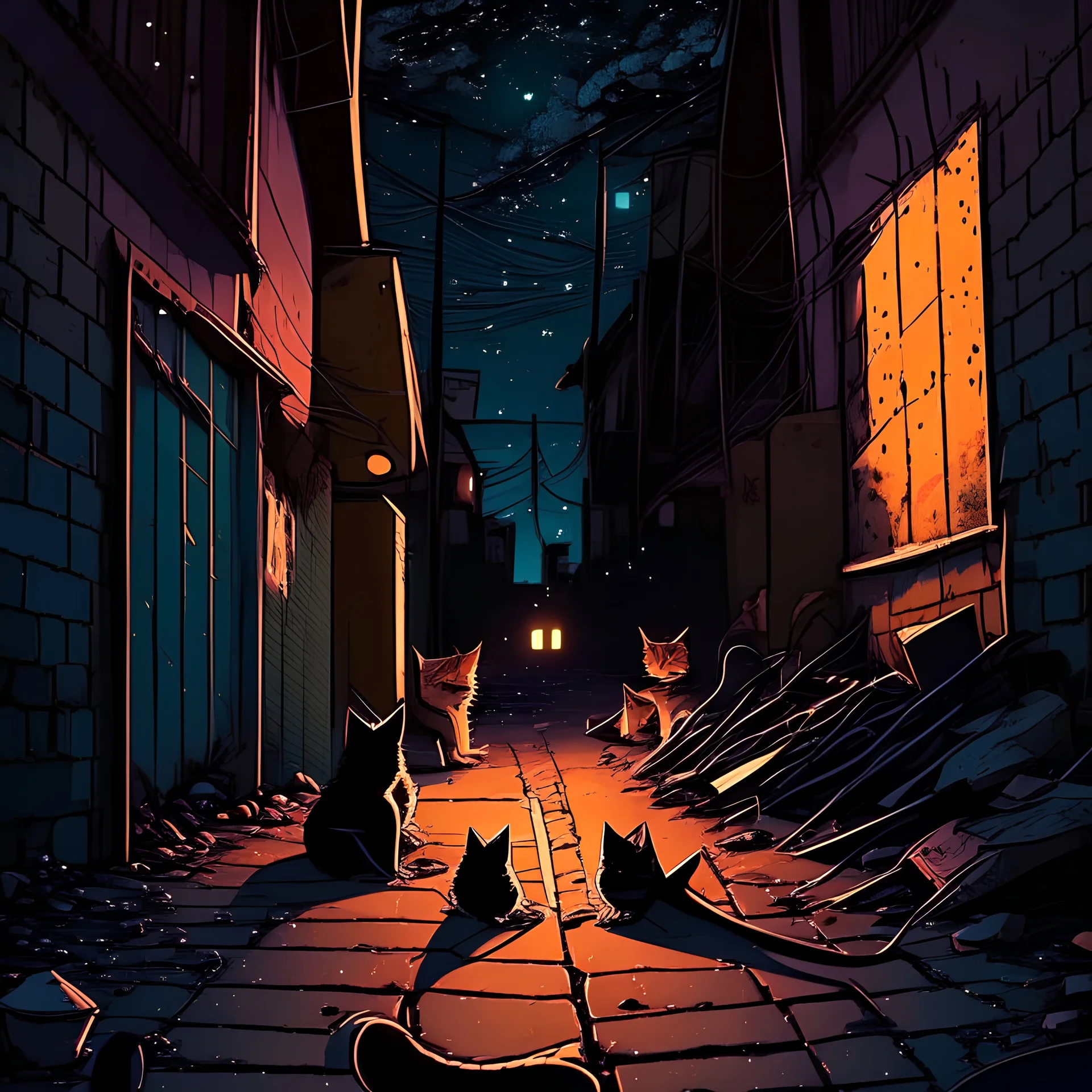 night sunset with stars a closed alley with cats eating from the rubbish in a vampire city cartoon