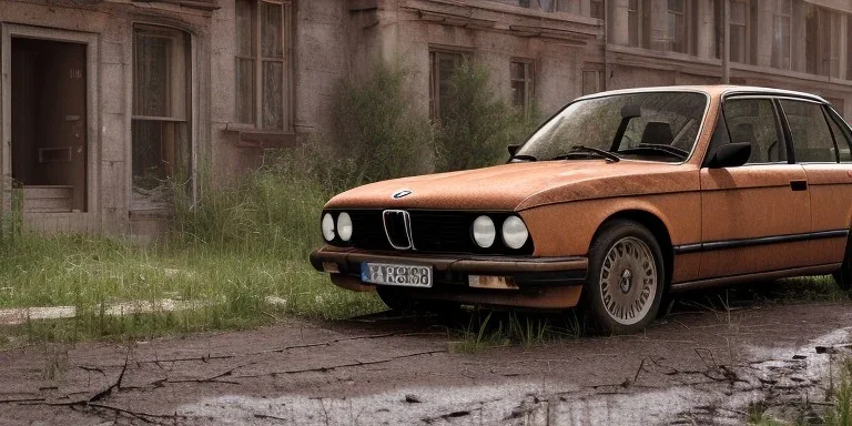 an abandoned 1990 bmw rust 2-door overgrown by nature with dust ,ultra realistic,concept, 4k ,on street,8k resolution, high-quality, fine-detail, parked in crowded city winter