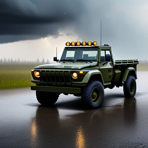 hyper photorealistic shot, military truck, monotone color palette, sharp focus, puddle reflec1tion, tire mud splashes, refraction, mist on the horizon, thunder and lightning, overcast shadow, detailed and intricate, cinematic composition, 8k, micro, tilt shift photography, bokeh, anamorphic lens