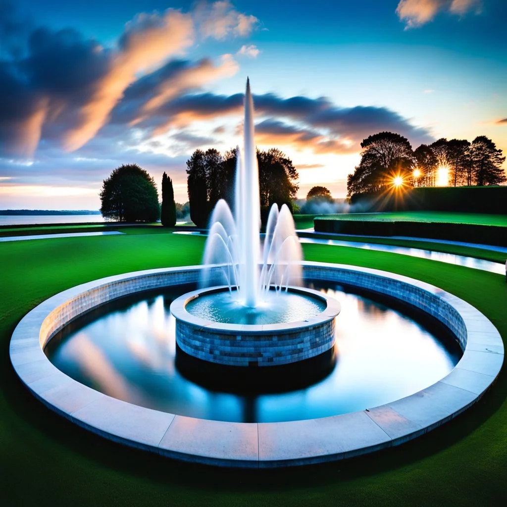 camera captures full scene of where 12 fountains in a small sea shoot water jets in sky and splashes of water ,in country side,pretty cloudy sky ,moving clouds and godrayes sunset,swans and duks in water .