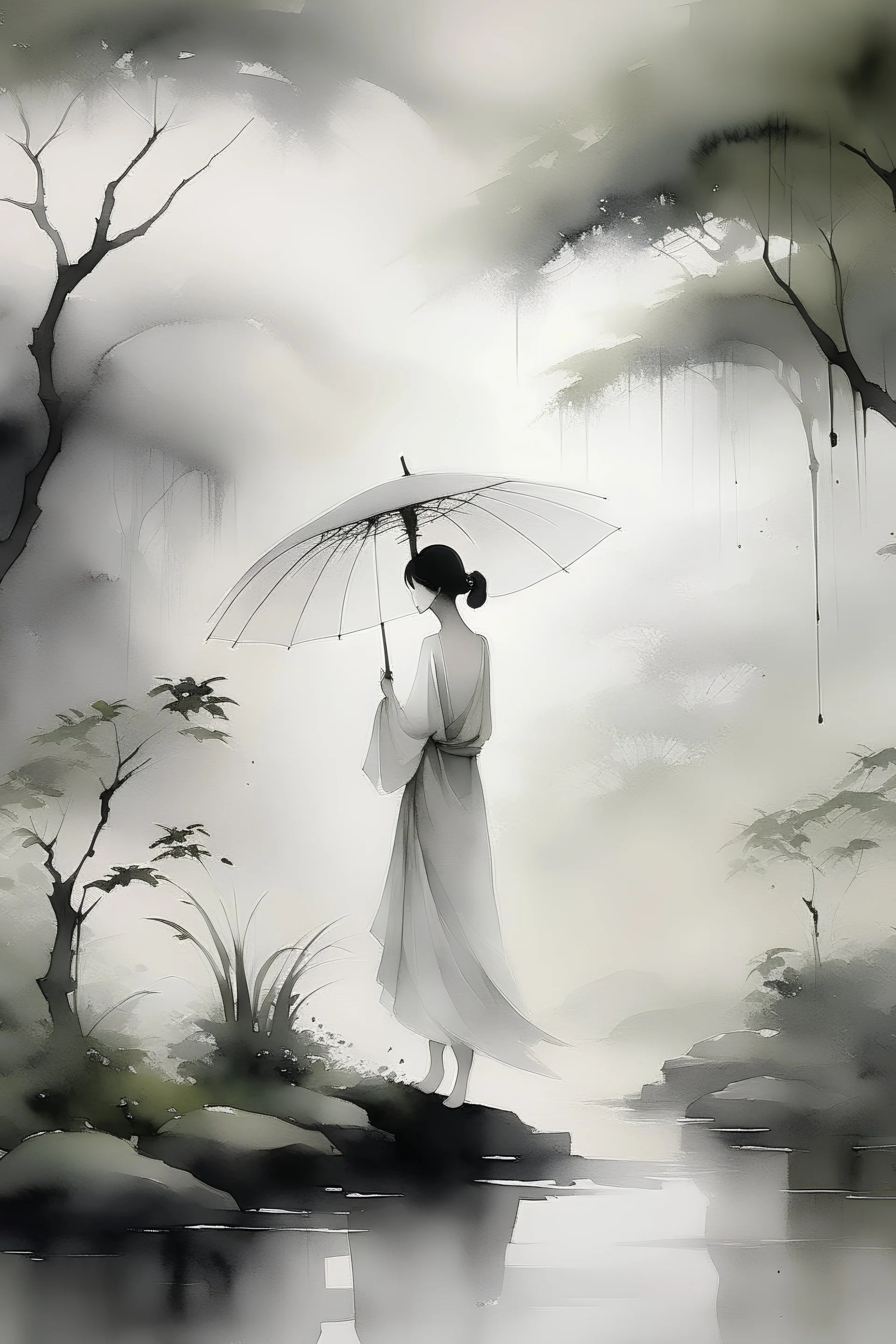 A lone woman navigating through a misty garden, her umbrella a burst of ink against the serene backdrop. Sumi-e influence with delicate strokes, muted shades of gray, tranquil garden setting, contemplative ambiance, abstract and evocative, soft yet defined details., fashion, cinematic