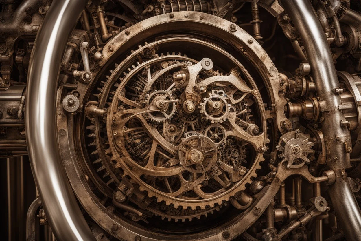 Looking down into a complicated large, victorian, organic, steampunk mechanical engine, with cogs, highly polished metal