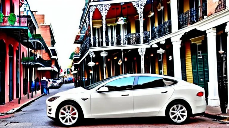 A Tesla's 'Model S Plaid' is parked, in the 'French Quarter' in New Orleans, Louisiana. CINEMATIC. WIDE ANGLE LENS.