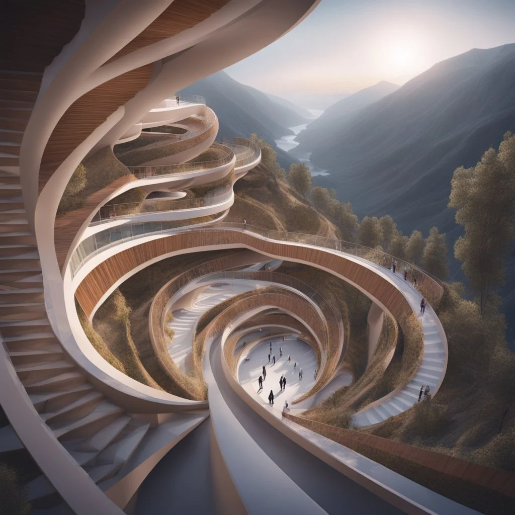 perspective viewpoint in the mountains, in the form of an ascending spiral, people, men, women and children, incredibly hyper-detailed, ZahanHadid style architecture 4k