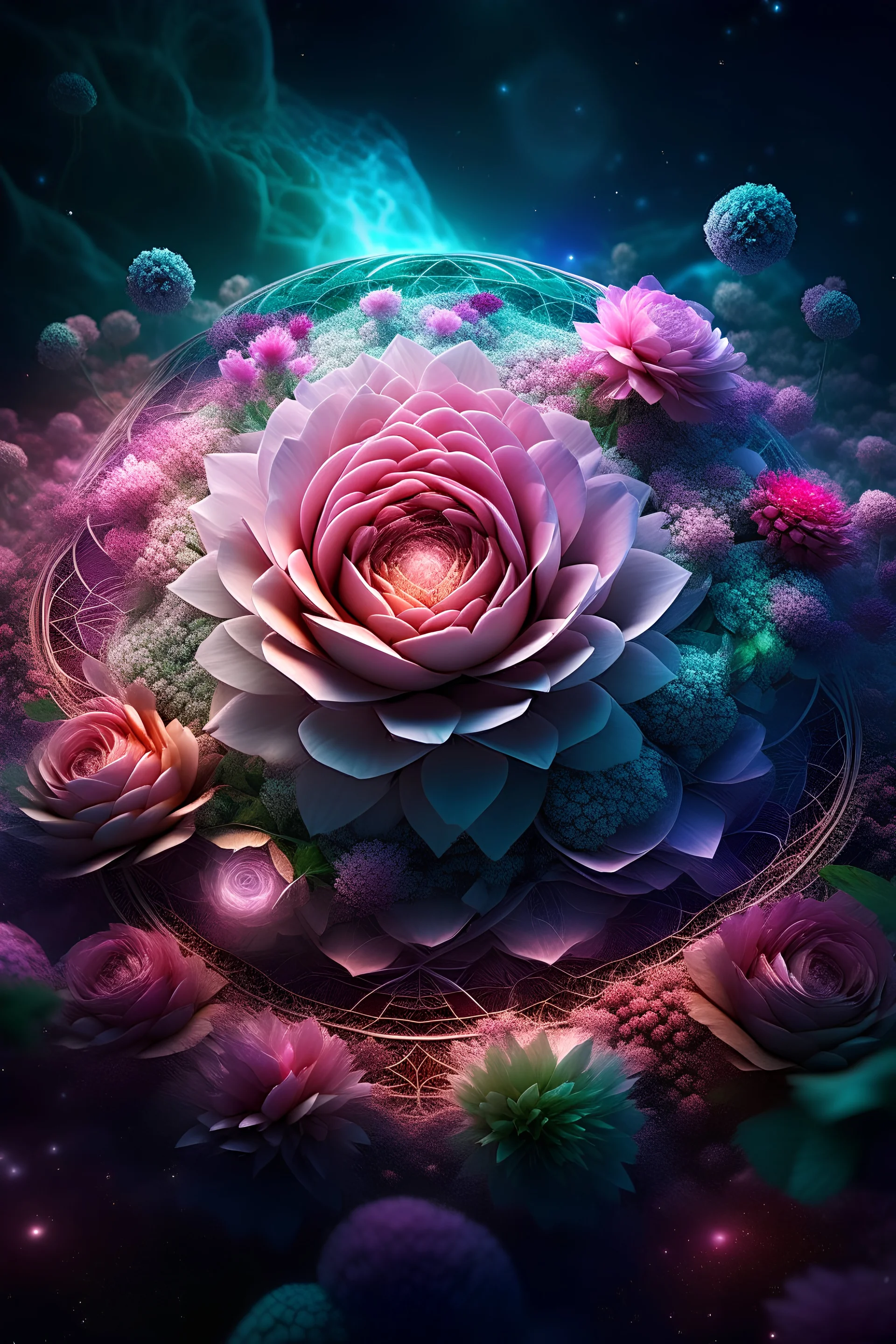 49. Meditation, mandala of giant flowers, magic and magic outer space bright stars purple galaxies The Milky Way multidimensional volumetric depth delicate, pink-mint lush bouquet of roses, complex, amazing, magical, delicate, mint color, sparkling dew drops, dawn, magically, in pastel transparent tones, hyperrealistic, lumen, shine, professional photo, 5d, 64k, high resolution, high detail, cgi, f/16.1/300s, highly detailed digital painting, bright and juicy, photorealistic painting, solar illu