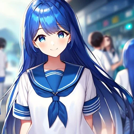 Clear focus,High resolution, Vibrant short blue hair, Vibrant blue eyes, Wearing a sailor uniform, Smiling,Long bangs