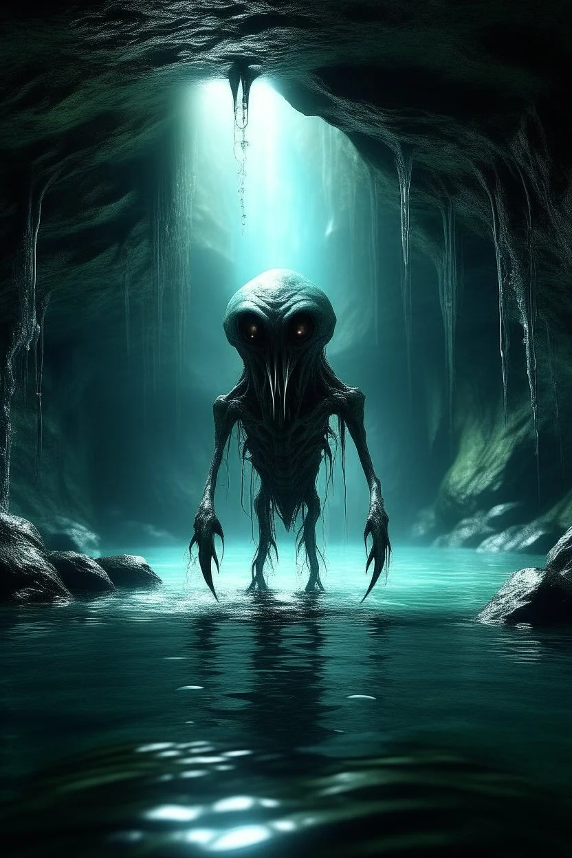 A scary alien creature standings in lake underground with waterfalls in side a cave