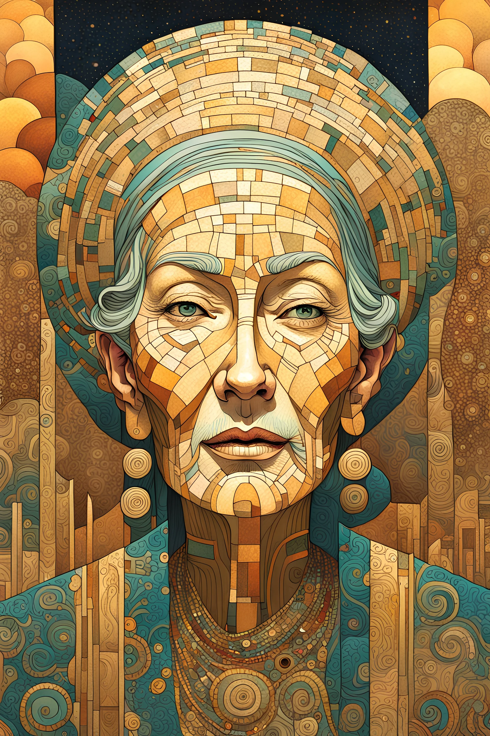 create an abstract cubist, deeply horrific, ethereal, darkly magical illustration of an epic aged nomadic desert matriarch with highly detailed and deeply cut facial features, in the style of GUSTAV KLIMT, EDWARD BURNE-JONES, WILLIAM MORRIS, and KATHE KOLLWITZ combined with the comic art style of BILL SIENKIEWICZ and JEAN GIRAUD MOEBIUS, searing lines and forceful strokes, precisely drawn, inked, and darkly colored