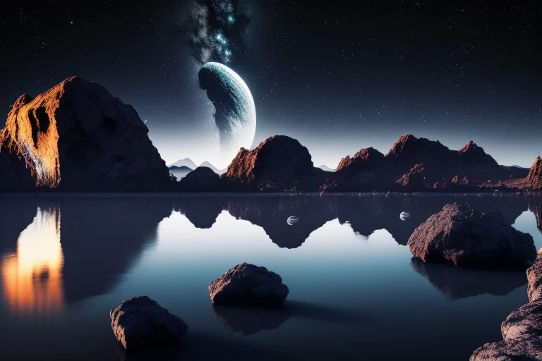 Grey Exoplanet in the hotizon, rocks, Night, lagoon reflection, sci-fi, epic