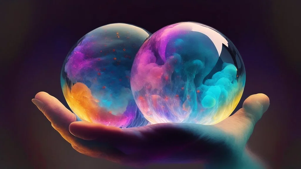 A single crystal ball to look into the future, hands around the ball, smoke appearing inside the ball, pink, dark blue, orange, yellow, aqua blue, very detailed and realistic