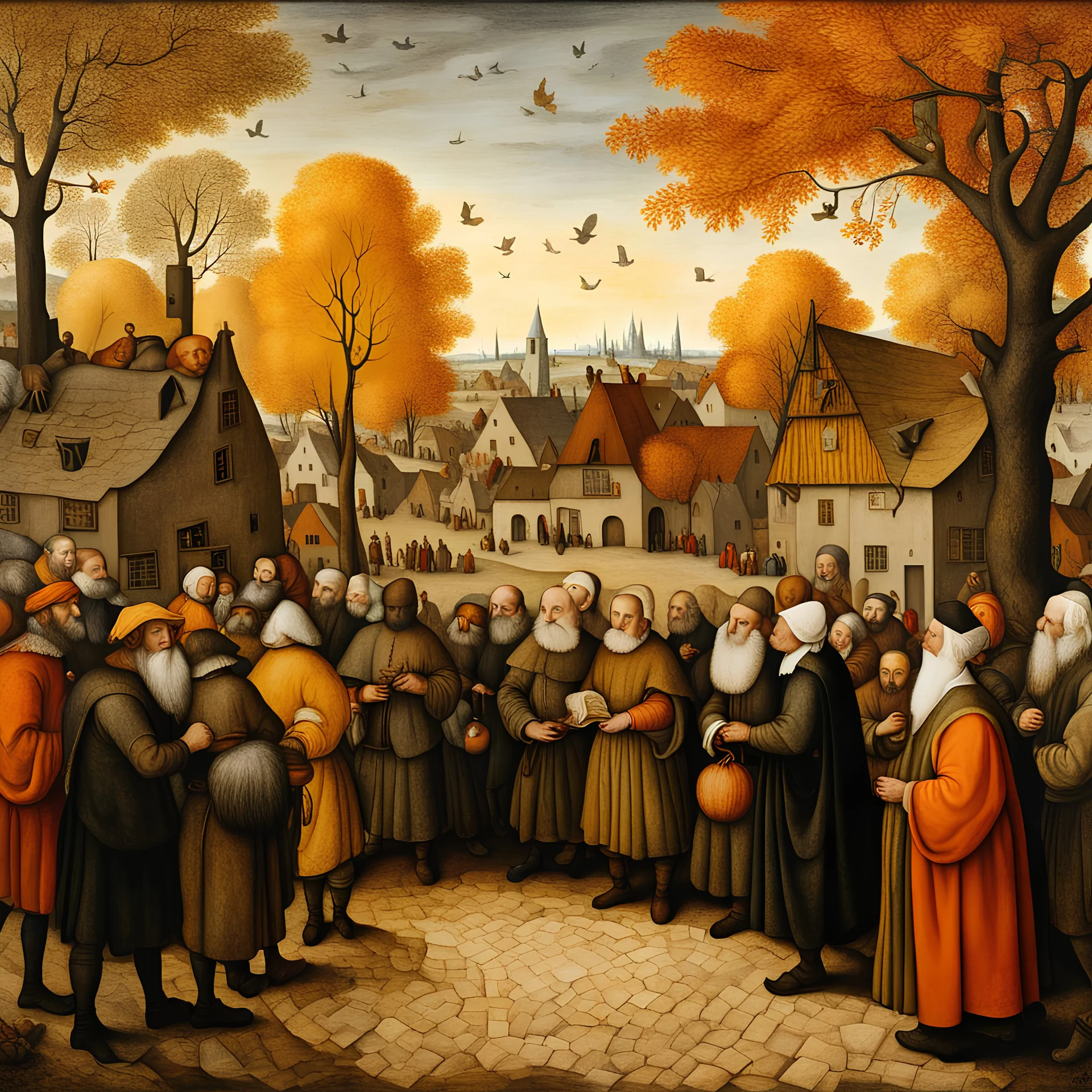 a Dutch Renaissance era illustration of village elders meeting during the autumn equinox, highly detailed, painted in the style of Pieter Brueghel the Elder and Hieronymus Bosch, aged canvas, craquelure finish, archaic masterpiece, 4k