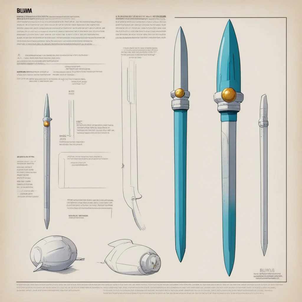 ConceptSheet: A document showing a capsule sword , the weapon of choice for Bulma, from Dragon Ball so powerful of incomprehensible power.