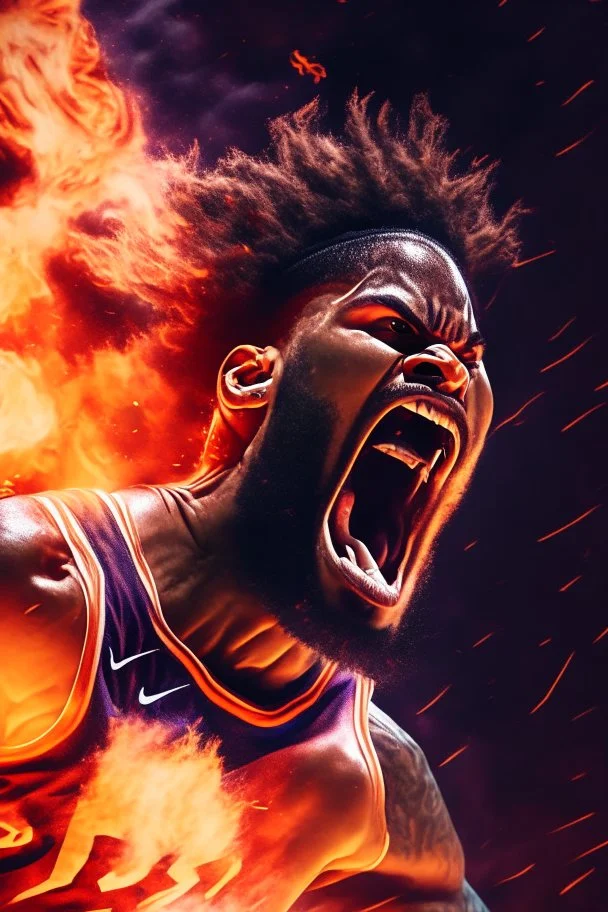 8k, highly realistic and detailed image of a NBA basketball player in action dunking the ball in the net, sweaty hair, screaming look,action and smoke and flames background