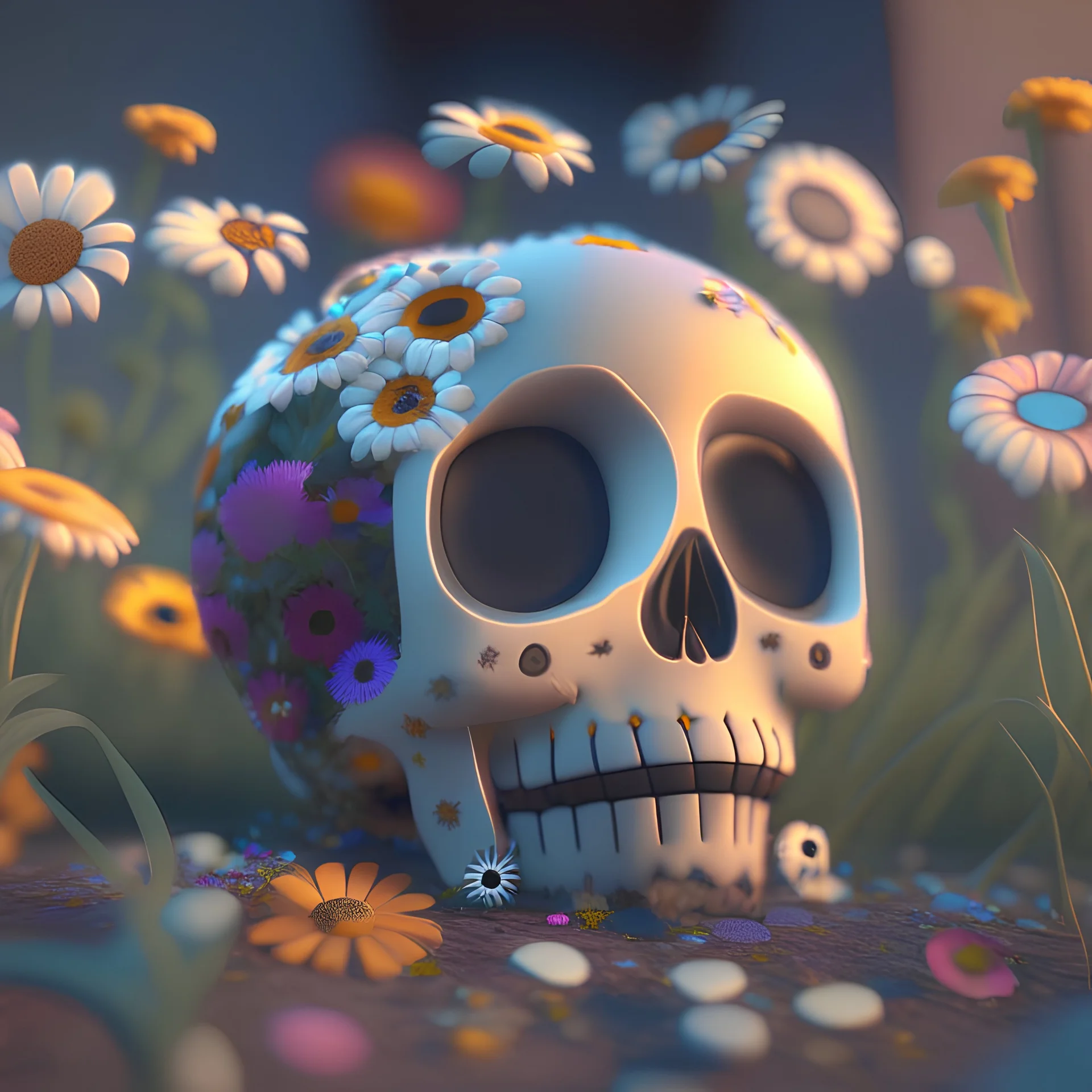 Kawaii 3d pixar rendering of cute skull with flowers, latest Unreal Engine technology, featuring depth-of-field, super-resolution, and megapixel visuals. The cinematic lighting is absolutely breathtaking, with anti-aliasing, FKAA, TXAA, and RTX graphics technology employed for stunning detail.